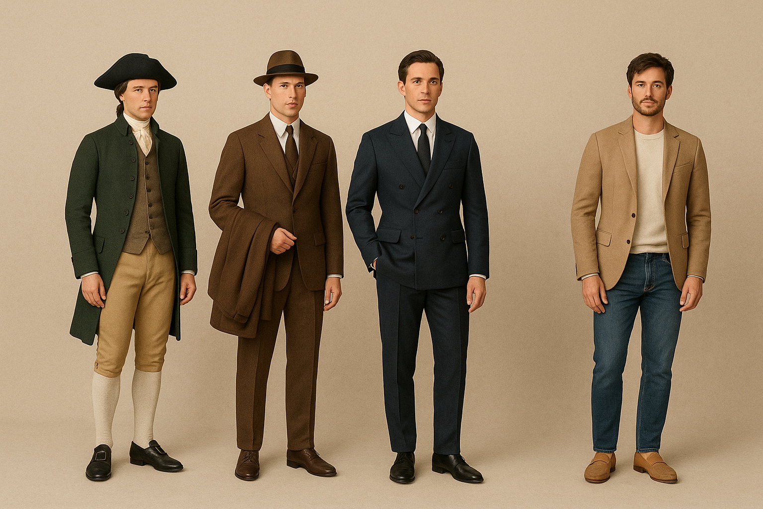 Four men showcase the evolution of men’s fashion, wearing outfits from different eras, ranging from historical attire to modern style.