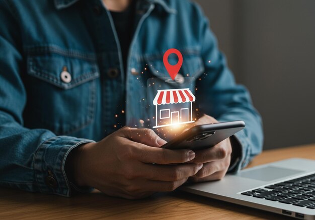 Person holding a smartphone with a glowing local shop icon and map pin above it, sitting beside an open laptop on a wooden desk.