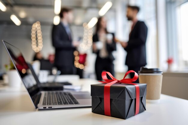 Elegant black gift box with red ribbon on office desk, ideal for holiday or corporate gifting.