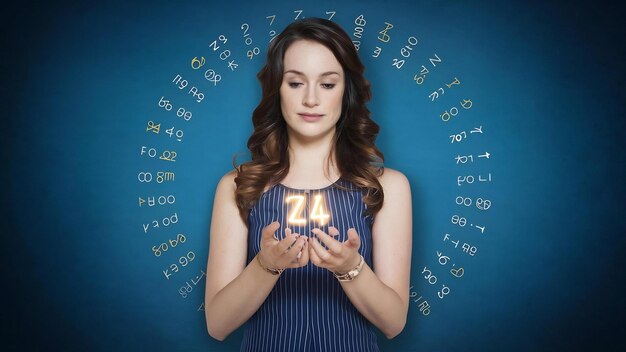 A woman holds a glowing number 24 in her hands, surrounded by floating numerology symbols on a blue background.