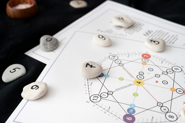 A numerology chart on paper with numbered stones placed on different points of a geometric diagram.