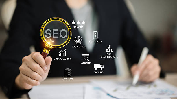 Business professional using a magnifying glass on SEO icons showing ranking, keywords, backlinks, and website analytics.