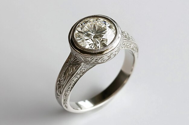 A vintage-style silver ring with an engraved band and a round-cut diamond in a bezel setting.