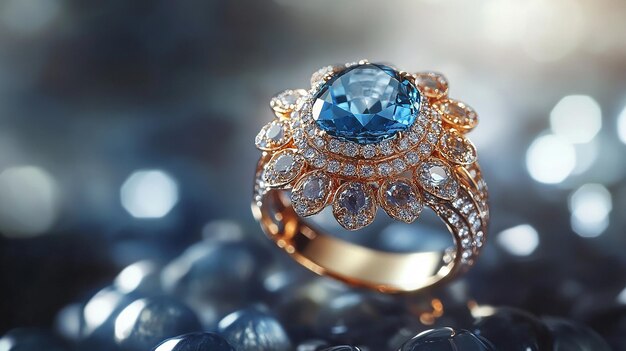 An ornate gold ring featuring a large oval blue gemstone surrounded by small sparkling diamonds.