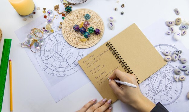 Person writing notes beside astrology chart, colorful dice, and crystals on a desk