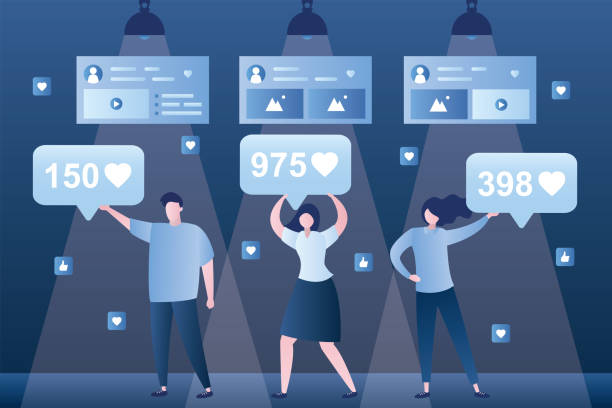 Digital illustration of individuals with floating icons and follower counts symbolizing social media engagement and reach.