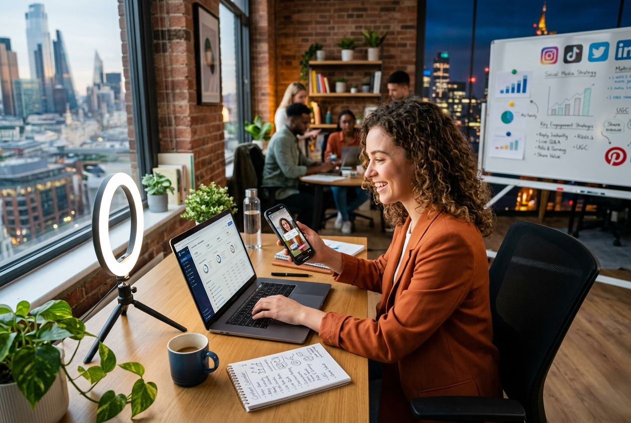 A professional working on social media strategy using laptop and smartphone in a stylish office with a city view.